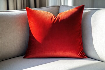 A vibrant red velvet cushion rests on a light grey fabric sofa, bathed in sunlight.