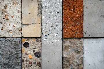 A collage of various concrete textures and colors, showcasing different aggregates and finishes.