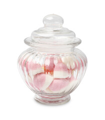 Tasty jelly candies in glass jar isolated on white