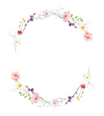 Watercolor floral round border frame. Meadow pink poppies, violet lavender, chamomile flowers, green branches. Hand drawn style illustration. Artistic template design.