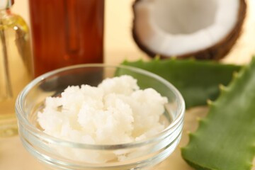 Hair treatment. Cosmetic products, coconut, butter shavings and aloe leaves on beige background, closeup