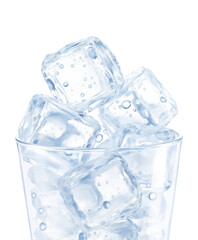 Crystal Clear Ice Cubes with Air Bubbles and Blue Tint in Glass Tumbler for Premium Beverage Service Isolated on Transparent and White Background