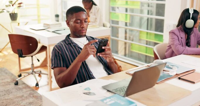Phone, student and man in college for learning, education and scroll social media on internet. Mobile, university and serious person online for exam results, typing text or reading class schedule