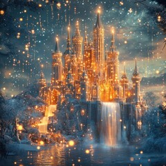 Fototapeta premium Enchanting winter castle bathed in golden light, with a cascading waterfall and glowing lights, amidst a snowy landscape.