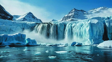 Powerful waterfall among icy cliffs, frozen ice blocks around, cold blue water, polar nature, sunlight breaking through clouds	