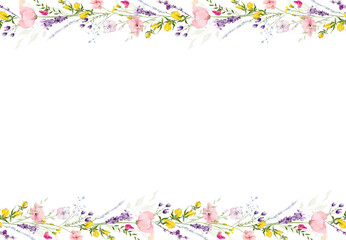 Watercolor floral seamless horizontal border frame. Diverse meadow pastel pink, peach, blue, yellow, violet flowers, green branches. Hand drawn style illustration. Artistic template design.