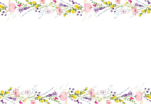 Watercolor floral seamless horizontal border frame. Diverse meadow pastel pink, peach, blue, yellow, violet flowers, green branches. Hand drawn style illustration. Artistic template design.