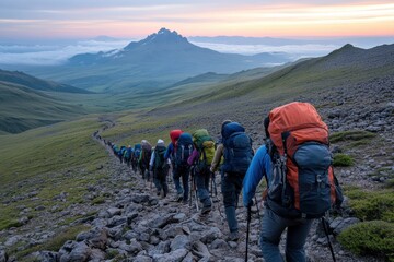 Fototapeta premium Determined climbers ascend the slopes of Mount Kilimanjaro, showcasing the challenge and beauty of Africa's iconic summit. 