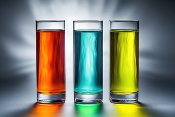 Three glasses filled with vibrant orange, teal, and yellow liquids, arranged in a row against a gray backdrop.