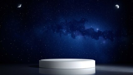 Celestial Stage White Cylindrical Podium Against a Starry Night Sky Backdrop