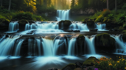 Obraz premium Fairytale forest landscape with multiple waterfalls, lush greenery, flowers near water and soft sunlight streaming through trees