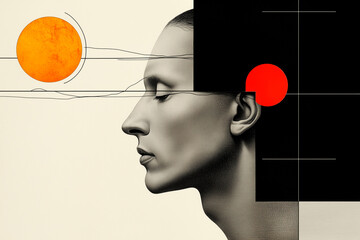 Abstract Composition: Woman's Profile with Geometric Shapes and Orange Circle