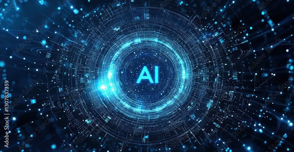 Poster Artificial intelligence glowing symbol surrounded by futuristic digital lines and dots