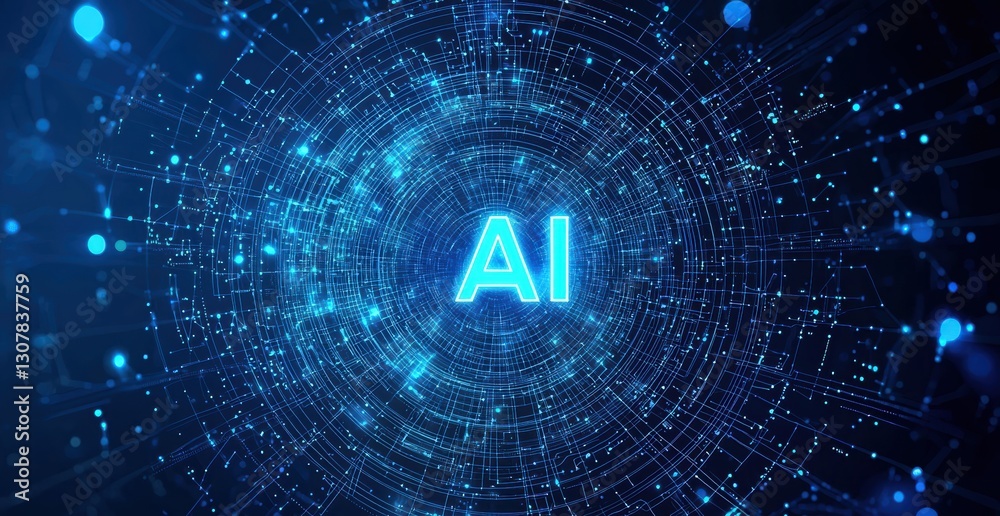 Poster Artificial intelligence symbol glowing in center of digital data network