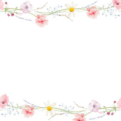 Watercolor floral seamless horizontal border frame. Diverse meadow pastel pink, peach, blue, yellow, violet flowers, green branches. Hand drawn style illustration. Artistic template design.