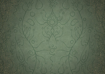 Hand-drawn ornament. Dark green on light warm green background, with vignette of darker background color and splatters of golden glitter. Paper texture. Digital artwork, A4. (pattern: p13-1a)