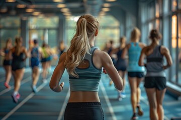 A group of women engages in a training session while running on a track inside a fitness center. The atmosphere is energetic, highlighting their focus and determination