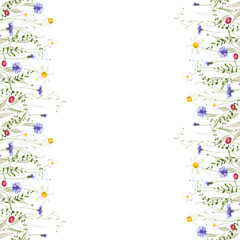 Obraz premium Watercolor floral seamless border frame. Meadow blue cornflowers, daisy, chamomiles, wild flowers, green branches, leaf. Hand drawn style illustration. Artistic template design.