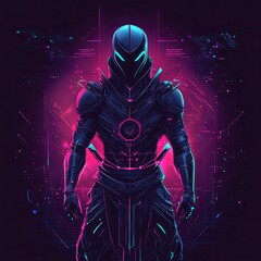 Fototapeta premium Cyberpunk Samurai: Neon Glow and Dark Armor