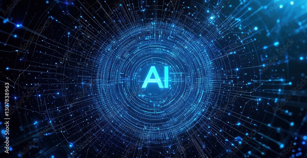 Poster artificial intelligence symbol glowing in digital cyberspace network
