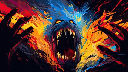 A terrifying creature with glowing eyes. A creepy creature. The concept of fear and horror.