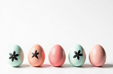 At the bottom of the image are five eggs with free space on top of image for text, creative flower black pattern on pastel colors eggs,  white background