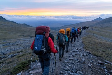 Determined climbers ascend the slopes of Mount Kilimanjaro, showcasing the challenge and beauty of Africa's iconic summit. 