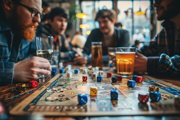 A group of friends gathers around a board game in a cafe during the evening, casually sipping their drinks and having an engaging conversation while playing