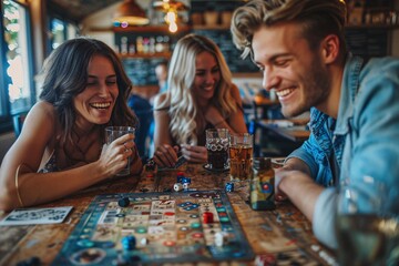 A group of three friends, two women and a man, are engaged in a board game night at a bar. They share drinks and laughter, creating a fun and vibrant atmosphere during the evening