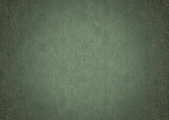 Hand-drawn ornament. Dark green on light warm green background, with vignette of darker background color and splatters of golden glitter. Paper texture. Digital artwork, A4. (pattern: p13-1c)