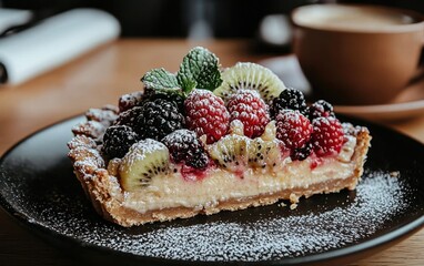 Delicious fruit tart slice with raspberries, blackberries, kiwi, and mint on a dark plate.