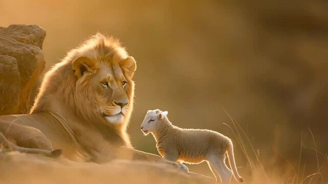 Lion and lamb sitting together. Bible's description of the coming of Jesus Christ. Christianity symbol of peace and paradise  