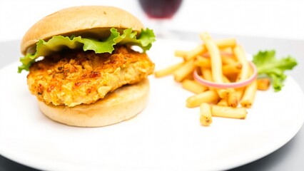 Crispy Chicken Burger with French Fries and Red Onion Rings