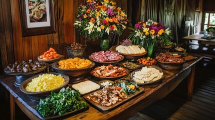 Brazilian Independence Day feast with traditional foods like feijoada, churrasco, and caipirinha, beautifully arranged on a wooden table, vibrant and colorful presentation