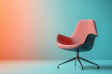 A salmon-pink swivel chair sits against a teal and orange gradient wall, offering a modern and stylish feel.