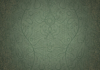 Hand-drawn ornament. Dark green on light warm green background, with vignette of darker background color and splatters of golden glitter. Paper texture. Digital artwork, A4. (pattern: p13-2a)