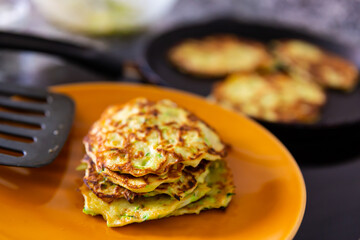 Pancakes from courgettes is tasty vegeterian dish