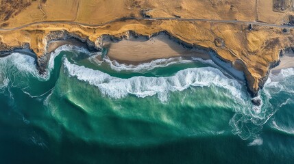 Obraz premium Aerial view of waves crashing on a sandy beach with cliffs in the background