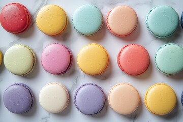 Obraz premium A delightful arrangement of colorful macarons on a marble surface.
