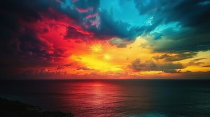 Obraz premium Brazilian Independence Day event with colorful fireworks over the ocean, dramatic sky lit up in shades of red, yellow, and blue, coastal celebration captured from a high angle 