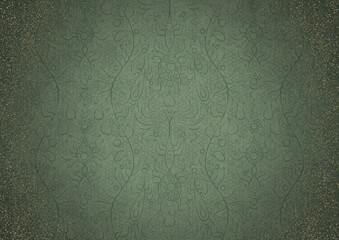 Hand-drawn ornament. Dark green on light warm green background, with vignette of darker background color and splatters of golden glitter. Paper texture. Digital artwork, A4. (pattern: p13-2b)