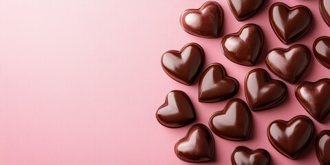 Fototapeta premium Heart-shaped chocolate candies arranged on a pink background for a sweet celebration or gift occasion