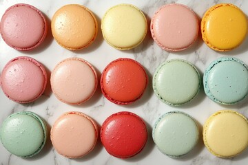 Obraz premium Assortment of pastel-colored macarons arranged neatly on a marble surface.