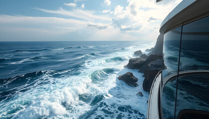 A captivating vista of eternal waves and distant horizons, enhanced by advanced technology to highlight the profound connection between land and water.
