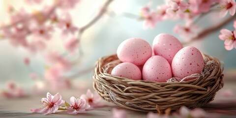 Decorative nest with pink eggs surrounded by cherry blossom branches in spring