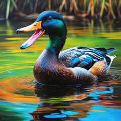 Obraz premium Funny duck swimming on a pond surface. Art painting. 