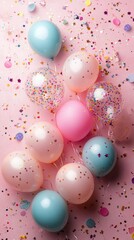Colorful balloons and confetti scattered on a pink surface create a festive atmosphere for celebrations