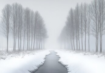 Fototapeta premium A serene winter landscape featuring a snow-covered path flanked by bare trees, leading towards a misty horizon.