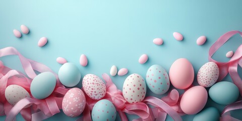 Colorful pastel Easter eggs and decorations arranged on a soft blue background with pink ribbons and candy