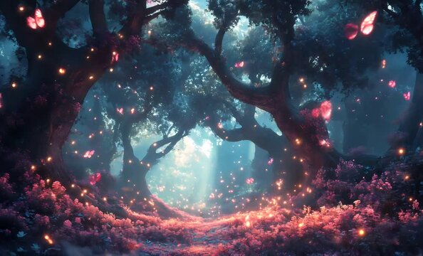 Pink butterflies flying in an enchanted forest at night with glowing fireflies, creating a magical atmosphere